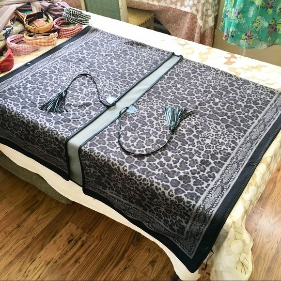 Leopard Print Gray & Black Wrap Shawl, Tassel Ties Closure, Oversized, Boxy, - Picture 4 of 8